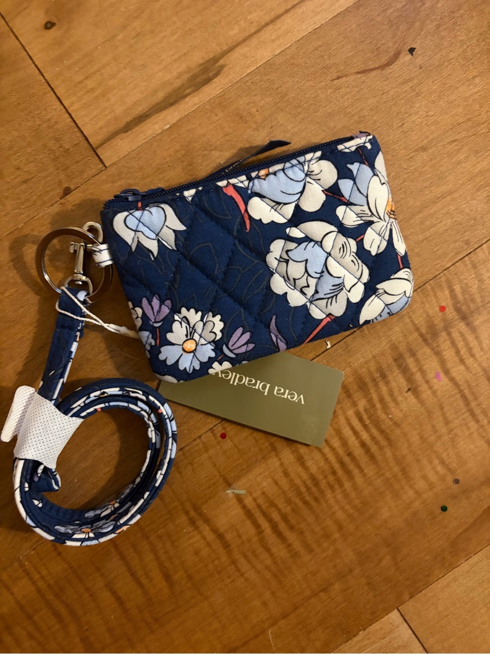 Vera Bradley Navy Floral Quilted Zip Card Holder with Lanyard